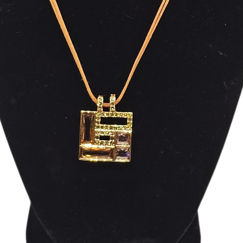 Swarovski Ilori Rose Gold Brown Pink Square‎ Crystal Pendant 18" Cord Necklace - Picture 2 of 13